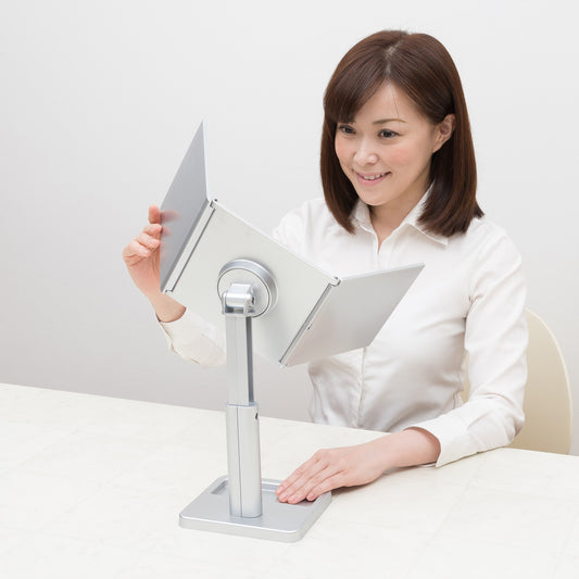 頭頂部も見える!タテ型ヨコ型どちらも使える三面鏡 360度回転スタンドミラー